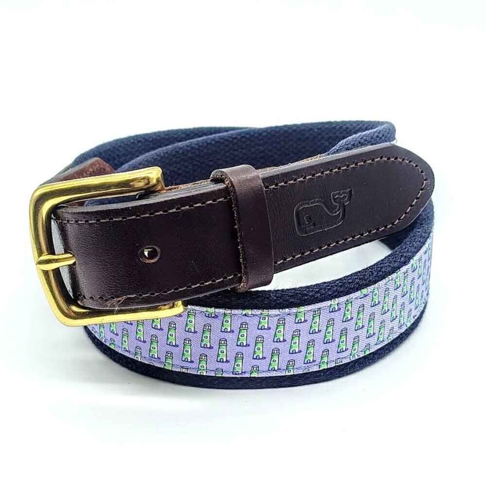 Vineyard Vines Navy Blue Canvas Lighthouse Leather Trim Belt